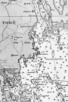 Macro shot of a old marine chart, detailing Stockholm archipelago