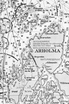 Macro shot of a old marine chart, detailing Stockholm archipelago