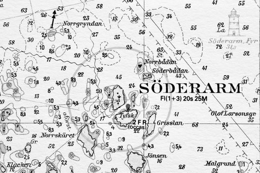 Macro shot of a old marine chart, detailing Stockholm archipelago