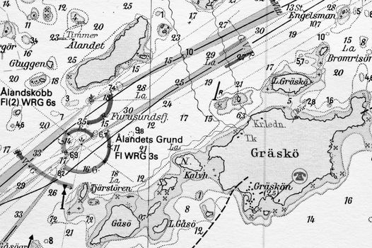 Macro shot of a old marine chart, detailing Stockholm archipelago