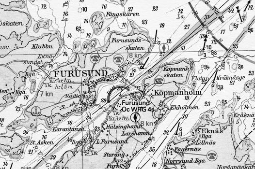 Macro shot of a old marine chart, detailing Stockholm archipelago