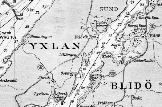 Macro shot of a old marine chart, detailing Stockholm archipelago