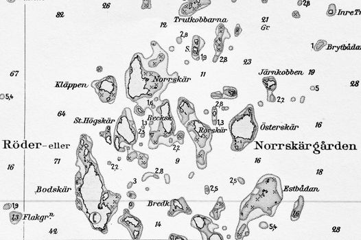 Macro shot of a old marine chart, detailing Stockholm archipelago