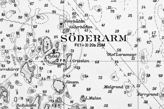 Macro shot of a old marine chart, detailing Stockholm archipelago