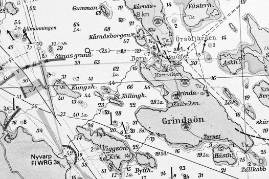 Macro shot of a old marine chart, detailing Stockholm archipelago