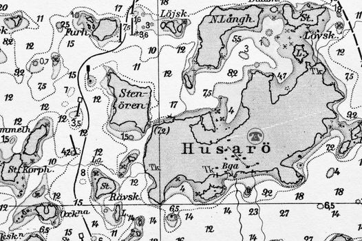 Macro shot of a old marine chart, detailing Stockholm archipelago