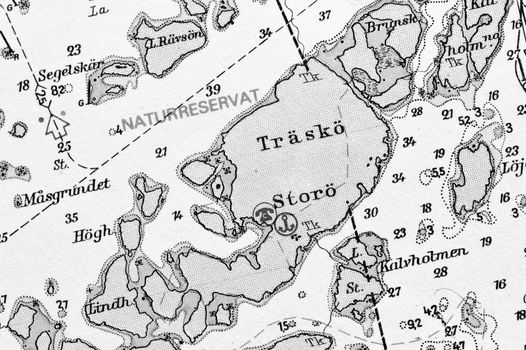 Macro shot of a old marine chart, detailing Stockholm archipelago