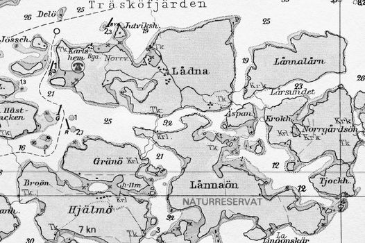 Macro shot of a old marine chart, detailing Stockholm archipelago