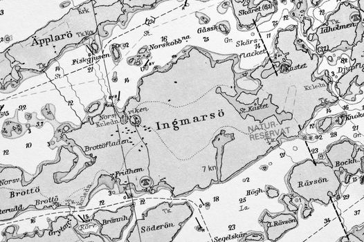 Macro shot of a old marine chart, detailing Stockholm archipelago