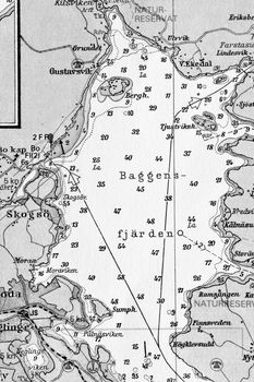 Macro shot of a old marine chart, detailing Stockholm archipelago