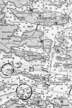 Macro shot of a old marine chart, detailing Stockholm archipelago