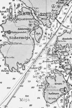 Macro shot of a old marine chart, detailing Stockholm archipelago