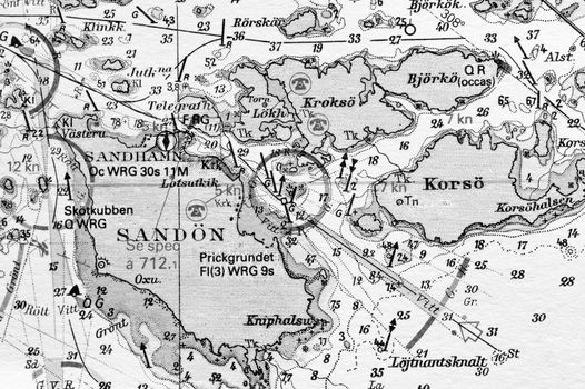 Macro shot of a old marine chart, detailing Stockholm archipelago