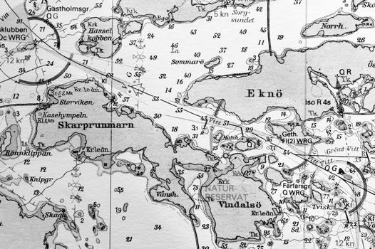 Macro shot of a old marine chart, detailing Stockholm archipelago