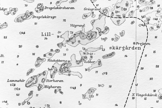 Macro shot of a old marine chart, detailing Stockholm archipelago