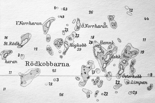 Macro shot of a old marine chart, detailing Stockholm archipelago