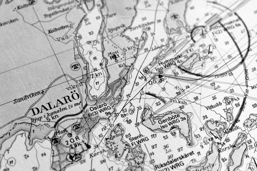 Macro shot of a old marine chart, detailing Stockholm archipelago