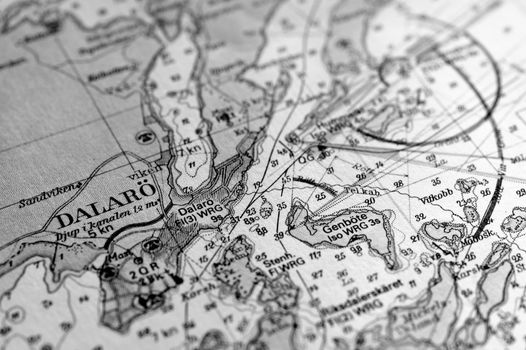 Macro shot of a old marine chart, detailing Stockholm archipelago