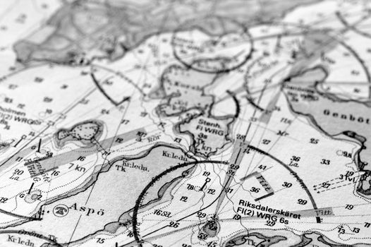 Macro shot of a old marine chart, detailing Stockholm archipelago