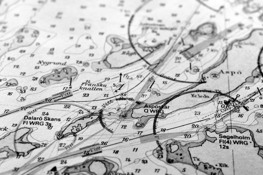 Macro shot of a old marine chart, detailing Stockholm archipelago