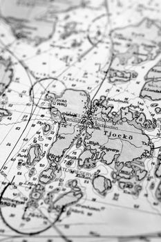 Macro shot of a old marine chart, detailing Stockholm archipelago