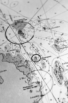 Macro shot of a old marine chart, detailing Stockholm archipelago