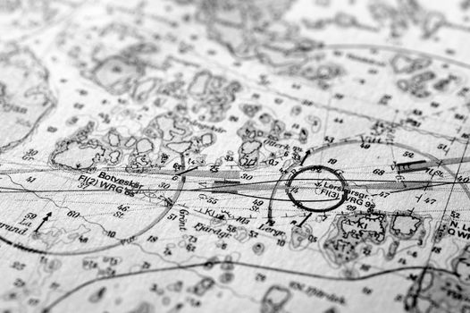 Macro shot of a old marine chart, detailing Stockholm archipelago