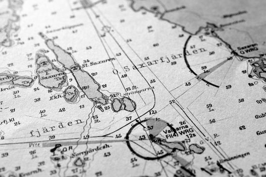 Macro shot of a old marine chart, detailing Stockholm archipelago