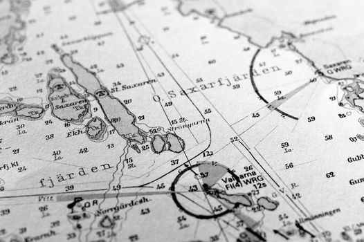 Macro shot of a old marine chart, detailing Stockholm archipelago