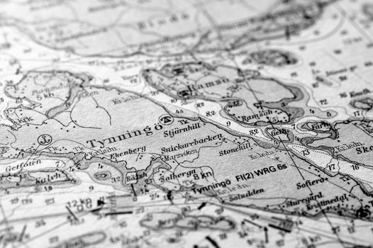 Macro shot of a old marine chart, detailing Stockholm archipelago