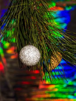 still life with Christmas decorations and a branch of a Christmas tree