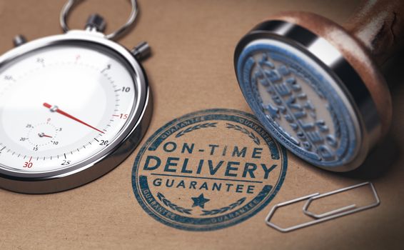 3D illustration of a stopwatch and a rubber stamp with the text on time delivery. Courier service punctuality concept
