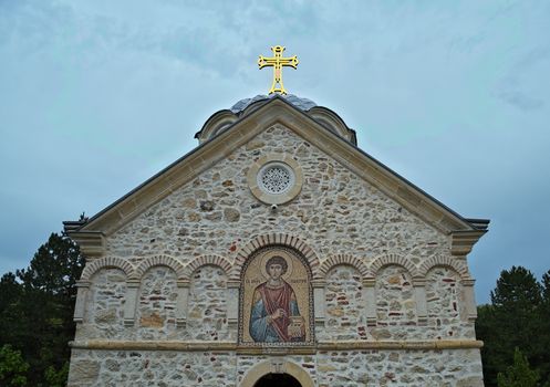 Front of main stone church monastery Hopovo in Serbia