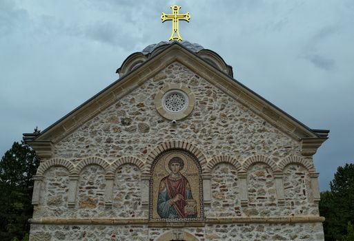 Front of main stone church monastery Hopovo in Serbia