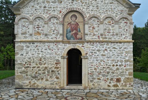 Front of main stone church monastery Hopovo in Serbia