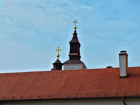 View at roof and Church towers in monastery Krusedol, Serbia