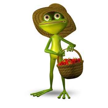 3D Illustration Green Frog with Strawberry Basket