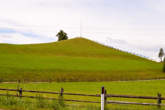 View of a green meadow and a small dolomite hill in Italy