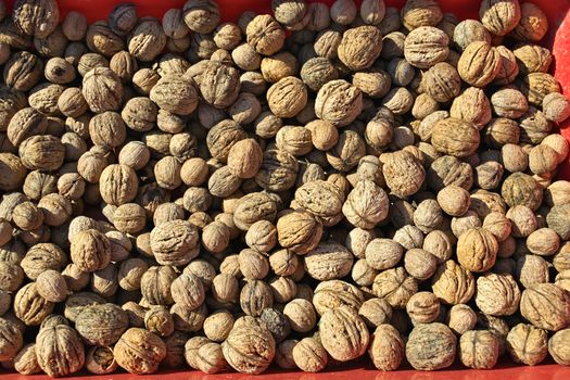 Abundance of walnuts on one pile, close up
