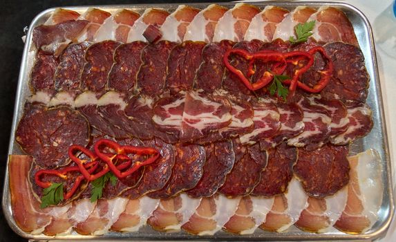 Plate of dried meat products, yummy and delicious