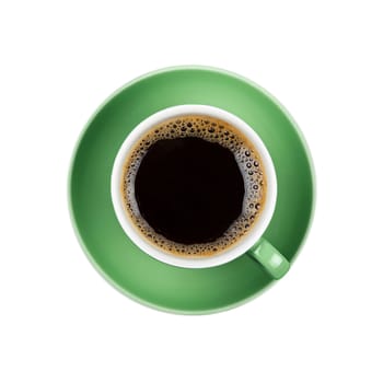 Full cup of black Americano or instant coffee on green saucer isolated on white background, close up, elevated top view