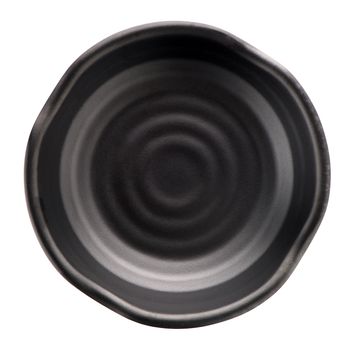 Empty black plate, top view isolated on white.