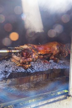 Traditional balkan dish - whole suckling pig roasted on open fire.