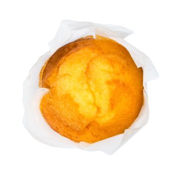 Closeup of a Magdalena Typical Spanish Plain Muffin. Sweet Food or Dessert. Three Fresh Baked Muffin Isolated on White Background in American Style. Irresistible Tasty Cake.