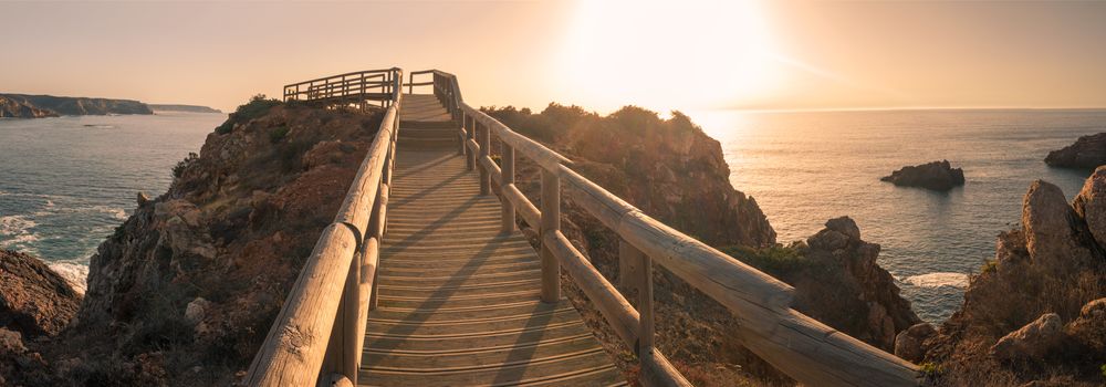 Sunset on Islamic Fishermen Settlement in Ponta do Castelo by Carrapateira at Aljezur - Portugal. Summer Atlantic rocky coast view (Costa Vicentina Algarve).