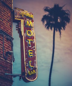 Grungy Motel Restaurant Bar Neon Sign Against A Palm Tree At Sunset