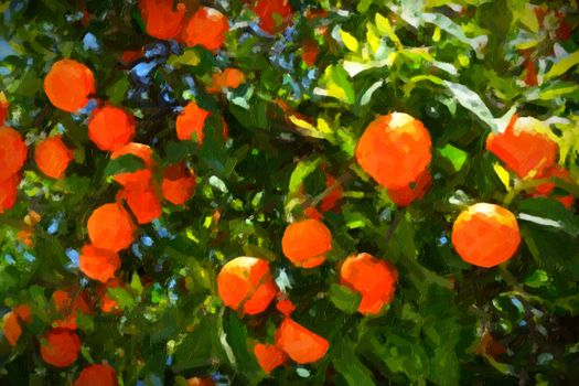 Oranges on the tree, thick paint stylization