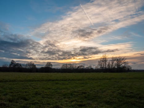 open plain grassland field trees sunset cloudy blue sky landscape; essex; england; uk