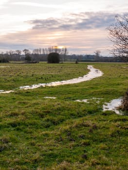 empty wet grass field low light sunset landscape dedham plain empty no people dramatic sky; essex; england; uk