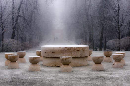 Winter view of Table of Silence - Constantin Brancusi's masterpieces found in Targu-jiu, Romania